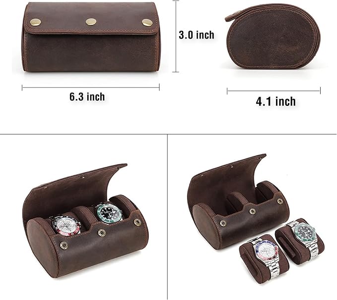 Genuine Leather Watch Roll Travel Case,2 Slots Vintage Full Grain Leather Watch Box with Pillow for Men,Watch Storage Organizer for Home Storage, Gifts
