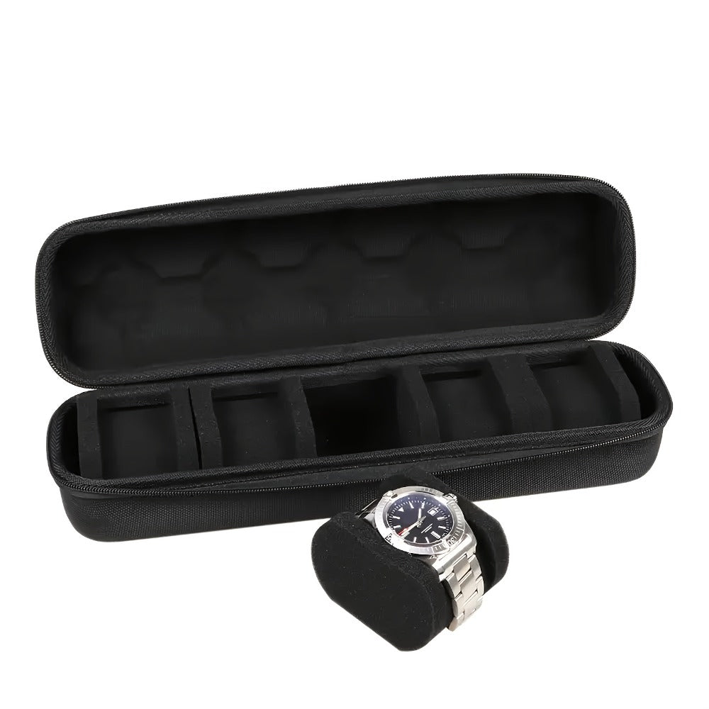 Five-Slot Travel Watch Case with Zippered Hard-Shell Form, Carry Handle and Removable Pillows